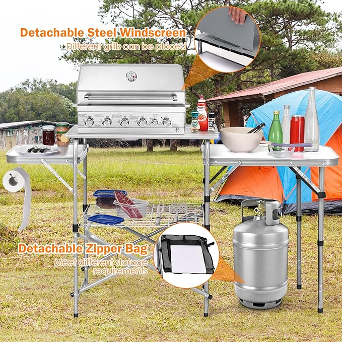 GYMAX Aluminum Portable Camping Kitchen Folding Cooking Table with 26 Tabletop Detachable Windscreen &amp Carrying Bag Outdoor Grill Table for BBQ Backyards