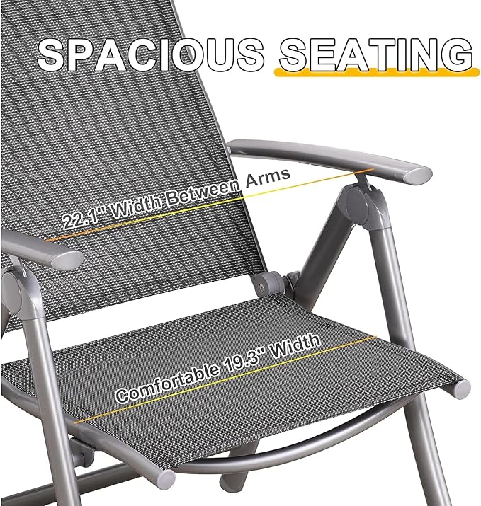 Patio Folding Chairs Set of 2 Aluminium Frame Outdoor Reclining Patio Chairs for Garden Camping Poolside Beach Deck Adjustable High Back Lawn Chairs with Textilene Fabric Seat Dark Gray