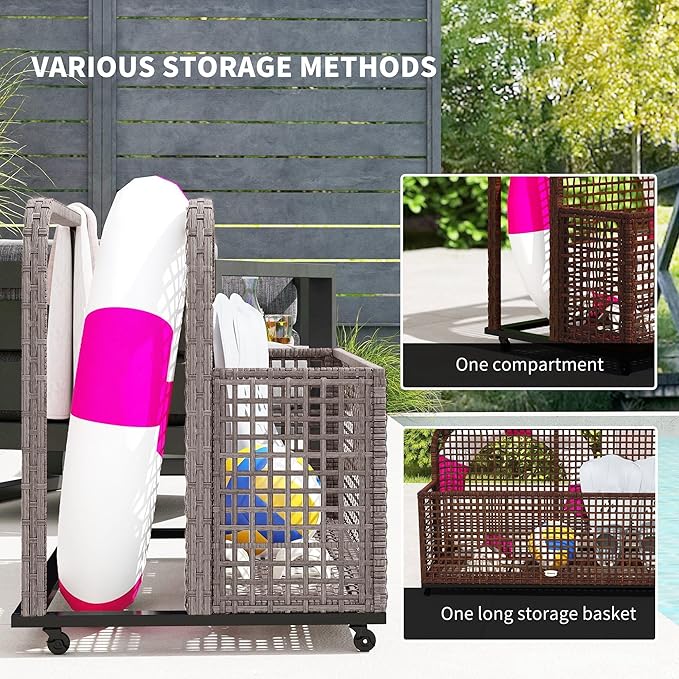 Pool Float Transport Caddy 43.25 Lx22.5 Wx28 H – PE Rattan Basket + Structural Steel FFor rame 4-Wheel Lock System Light Gray