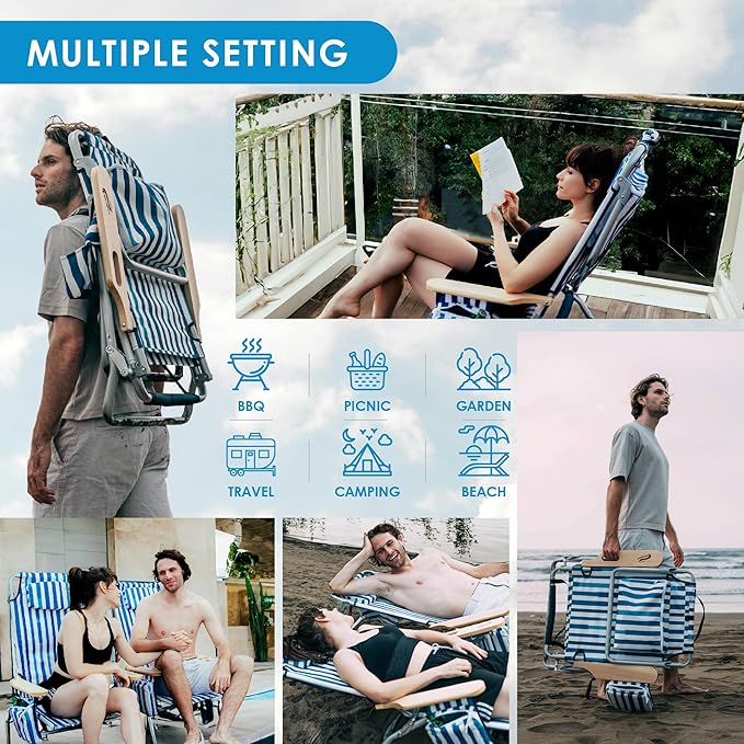 Low Profile Reclining Beach Chair for Adults Supports 300lbs| Oversized Backpack Beach Chair with 5 Adjustable Positions for Outdoor Concert Travel Festival Camping