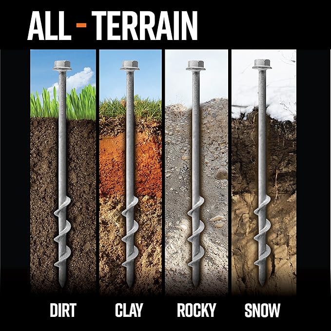 GROUNDGRABBA Screw in Tent Stake for Normal to Hard Ground | Premium Drill Driven Ground Anchor Earth Screws | 4X Pro Stakes (1 Foot) 4X Closed Hooks 1X 5/8 Hex Socket Driver