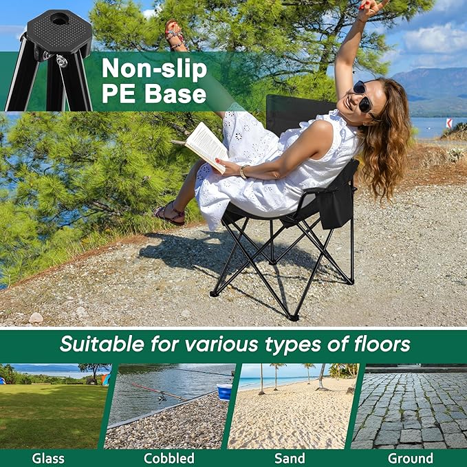 HaSteeL 2 Pack Camping Chair Large Folding Beach Chairs with Cooler Bag Cup Holder &amp Storage Pocket Portable for Outdoor Patio Picnic Lawn Hiking Fishing Travel Support 275 LBS (Black)