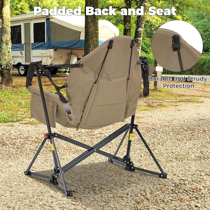 Ainfox Hammock Camping Chair Foldable Portable Rocking Chairs for Adults Outside Swinging Camp with Cup Holder Pillow for Outdoor Patio Poolside (Brown)
