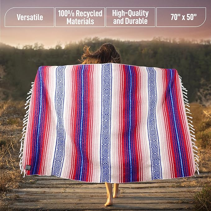 Hydration Nation Authentic Mexican Serape Blanket - Soft &amp Durable - Lightweight Falsa - Coral 70x50