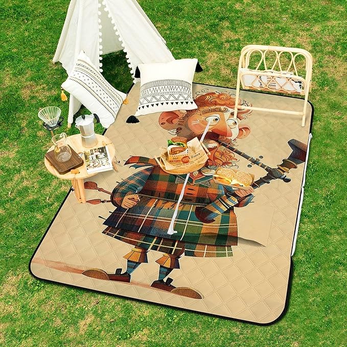 Zipper Cartoon Scottish Bagpipe Style Picnic Mat Suitable for Travel Camping Park Or Home Use