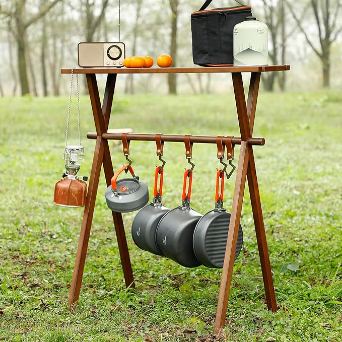 Portable Wooden Picnic Rack &amp Table – Lightweight Beechwood Shelf with Metal Hooks for Outdoor Kitchen RV BBQ &amp Camping Storage