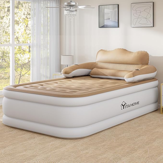 YITAHOME FullXL Size Air Mattress with Headboard 18in Inflatable with Pillow Blow Up Mattress with Removable Electric Pump Comfort Air Bed Queen for Camping &amp Home Brown