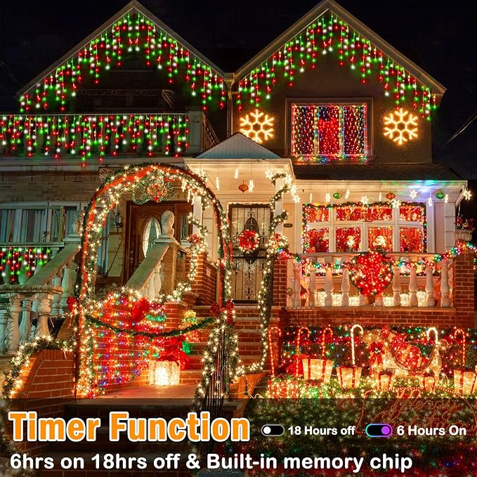 Hezbjiti Christmas Lights - Outdoor Decorations LED Fairy String Curtain Lights with 75 Drops 8 Modes 1600LED 164FT for Christmas Decor (Red Green Cold)