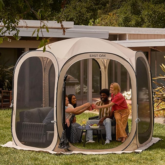 East Oak Screen House Tent Pop-Up Portable Screen Room Canopy Instant Screen Tent 10 x 10 FT with Carry Bag for Patio Backyard Deck &amp Outdoor Activities Brown