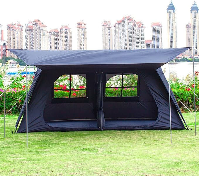 KTT Extra Large Tent 12 PersonFamily Cabin TentsAwning2 Rooms4 Doors and 4 Windows with MeshStraight WallWaterproofDouble LayerBig Tent for OutdoorPicnicCampingFamily Gathering