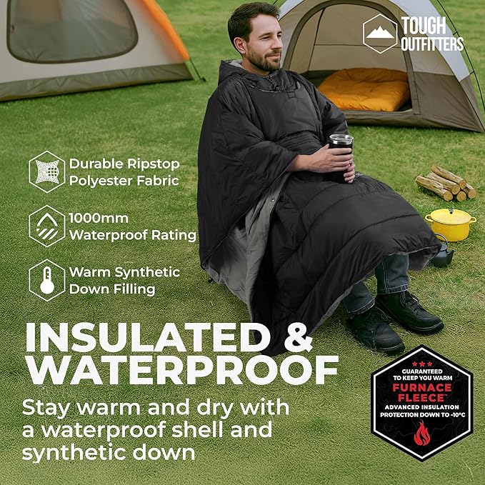 Tough Outdoors 5 in 1 Camping Poncho - Packable Blanket - Wearable Sleeping Bag Adult - Sleeping Bag Poncho - Waterproof