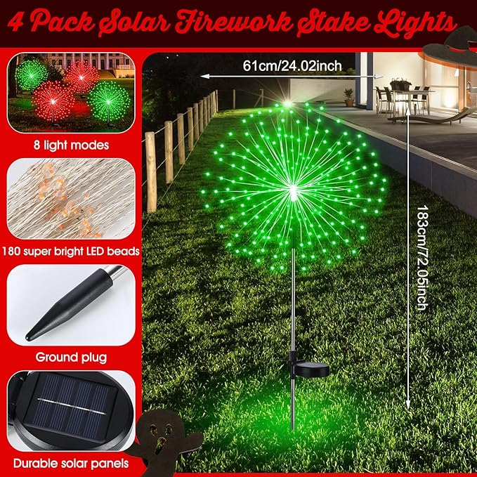 6 Pcs Christmas in July Solar Firework Stake Lights 180 LED 8 Modes Solar Waterproof LED Sparkler Lights Outdoor Decoration for Garden Patio Yard Pathway Walkway Lawn (Red Green)