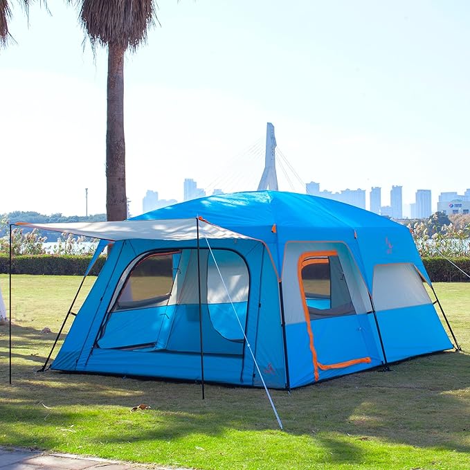 KTT Extra Large Tent 10-12-14 Person(Style-B)Family Cabin Tents2 Rooms3 Doors and 3 Windows with MeshStraight WallWaterproofDouble LayerBig Tent for OutdoorPicnicCampingFamily Gathering