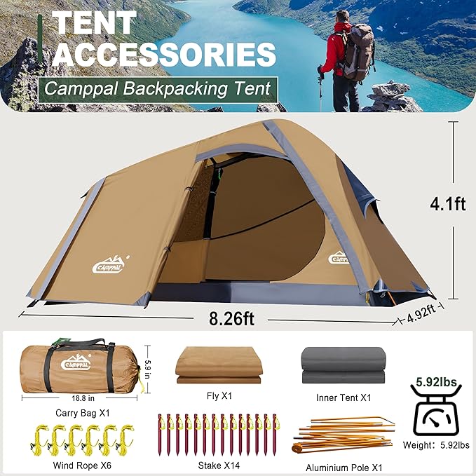 1 Person Backpacking Tent Waterproof Windproof Single Person Tent Lighweight Compact One Person Tent for Camping Hiking