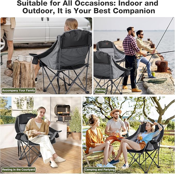 Oversized Camping Chair Portable Folding Padded Camp Chairs with Side Pocket Cup Holder Heavy Duty Support 500LBS Outdoor Lounge Chair for Adults Fishing Sports Trip Black