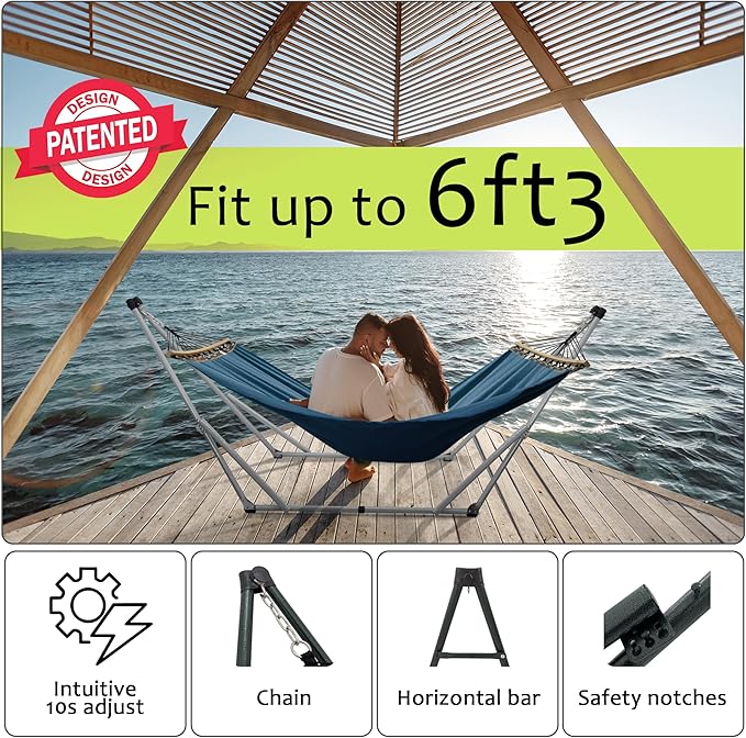 Tranquillo Ultimate Relaxation Portable Hammock Stand Foldable Hammock Stand with Canvas Hammock Spreader Bar Quick Fold Unfold in 30 Seconds Steel Frame Hammock 600 lbs Capacity White/Blue