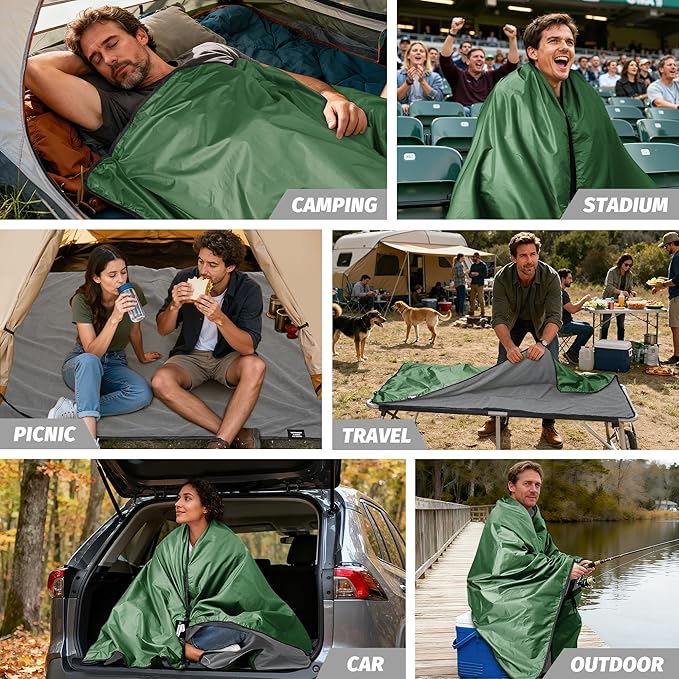 Fleece Waterproof Outdoor Blanket - Windproof Stadium Blanket for Camping Picnics and Sports Stay Dry and Comfortable 80x 58(Green)