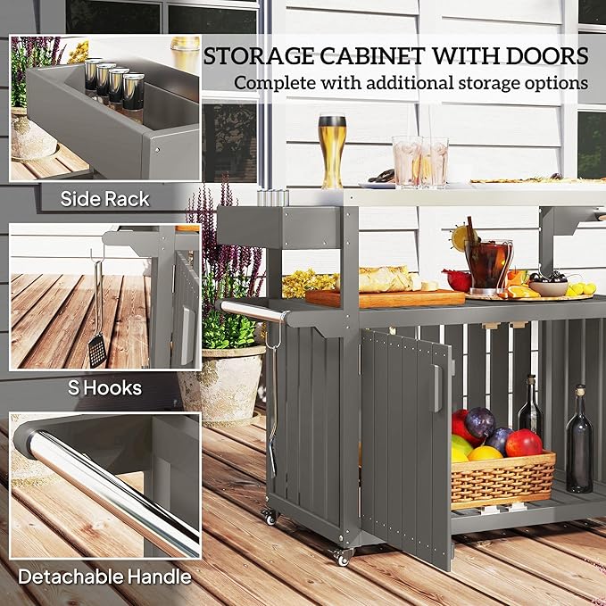Sophisticated Premium Stainless Steel Outdoor Bar Cart with Spacious Storage Durable Construction Wheeled Heavy Duty Casters HDPE Light Gray Finish