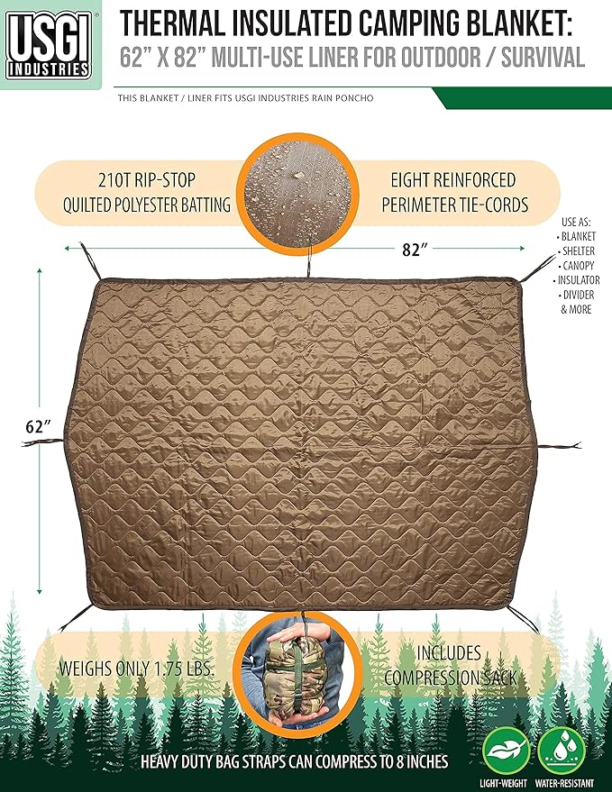 USGI Industries Military Woobie Blanket | Thermal Insulated Camping Blanket Poncho Liner | Large Portable Insulation Water-Resistant for Hiking Survival | Compression Carry Bag