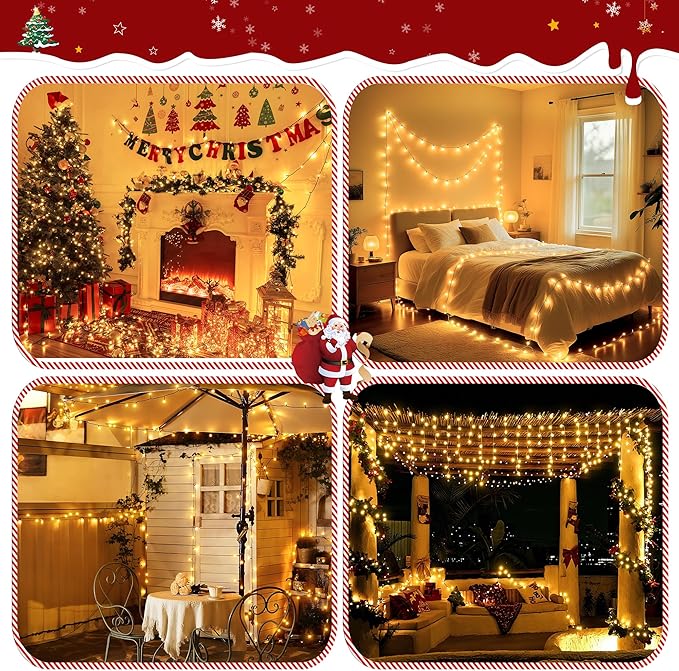 394FT 1200 LED Christmas Lights Outdoor Warm White Christmas Tree Lights Plug in 8 Modes Twinkle String Light for Bedroom Wedding Party Ceiling Xmas Home Decorations