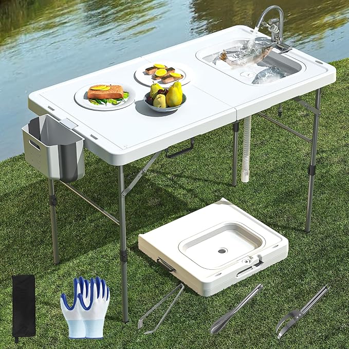 Folding Fish Cleaning Table with Sink 50x27 Bi-Folding Portable Camping Sink Station with Drain Hose Trash Can Gloves and Cleaning Kits Foldable Outdoor Sink for Camping Fishing BBQ