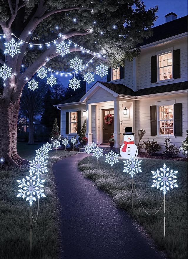 Brightown Snowflake Lights Outdoor 2 Sets Total 20 Large Snowflake Christmas Pathway Lights Christmas Decorations Outside Yard Sidewalk Walkway Driveway Marker Stake White