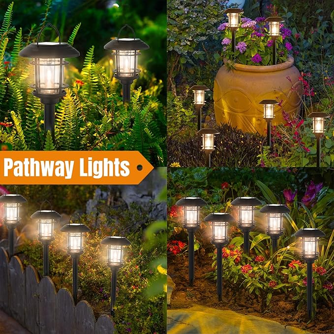 Dynaming 6 Pack Dual Use Solar Path Lights Outdoor Hanging Lantern Solar Garden Lights with Edison Bulb Landscape Lighting Waterproof &amp Auto On/Off for Patio Pathway Walkway Driveway Warm Whit