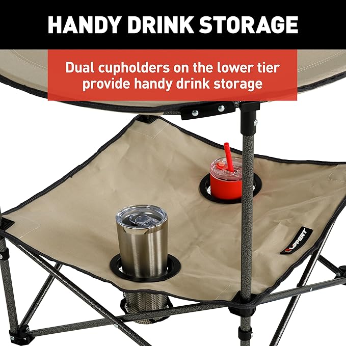 Lippert Sand Two-Tier Folding Camping Table with Dual Cupholders 600D Polyester Fabric Powder-Coated Steel Frame Foldable Design Lightweight Construction Zippered Carry Bag - 2023053721