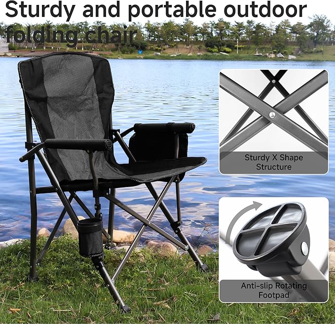 Folding Camping Chair with Cup Holder and Storage Bag Heavy Duty Support 400 LBS Oversized Collapsible Portable Camping Chair for Outdoor Camp Picnic Travel Fishing Grey