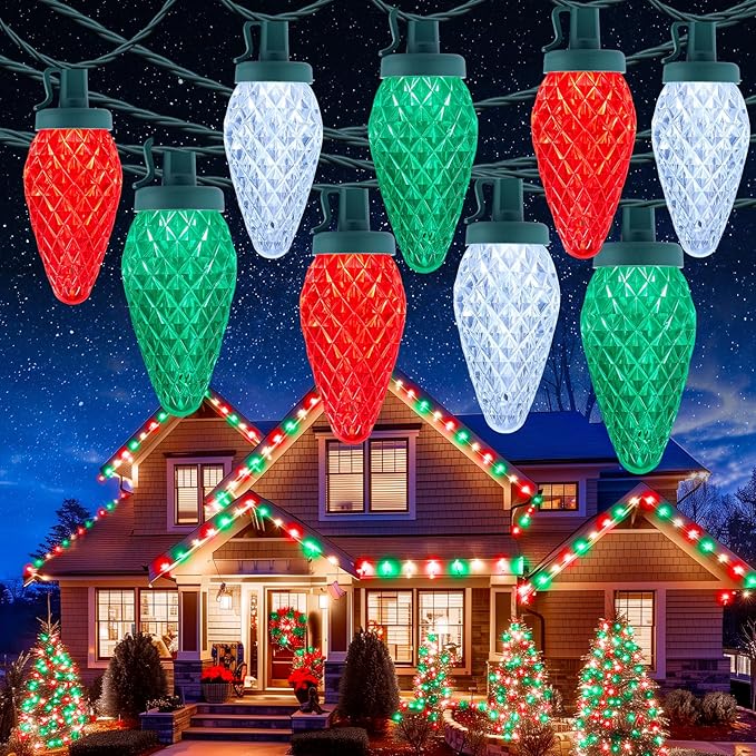 C9 Christmas Lights Outdoor Waterproof 114 Feet 150 LED C9 String Lights with Timer &amp 8 Light Mode Connectable Christmas Tree Lights for Indoor Outside Roofline Patio Decor Red Green &amp Pur