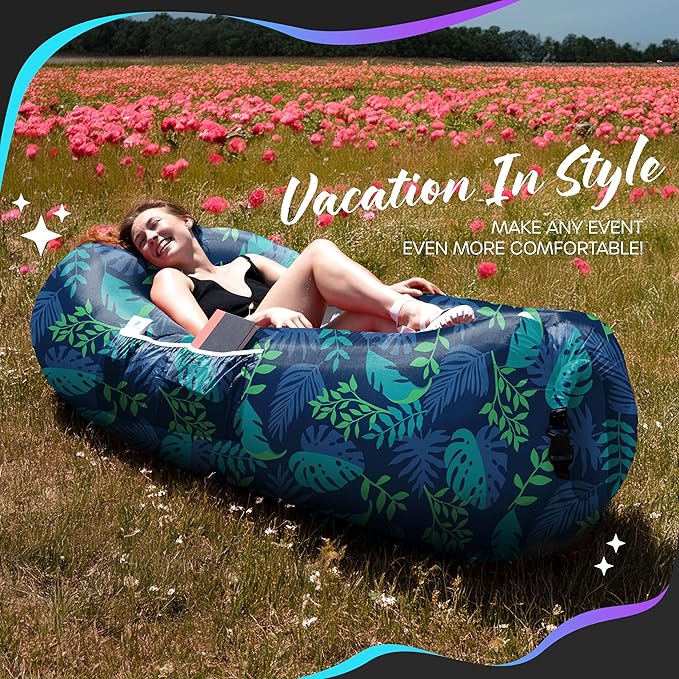 Nevlers Inflatable Lounger – Palm Leaf | 210T Polyester Blow Up Couch w/ 3 Pockets Carry Bag &amp Stake | No Pump Inflatable Couch for Camping Furniture Outdoor Beach Bed Festival Air Chair &amp