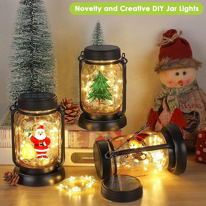 Mlambert 4 Pack Solar Hanging Lantern with Stakes Outdoor Waterproof Solar Mason Jar Fairy String Lights Decorative Vintage Glass Lamp-Warm White