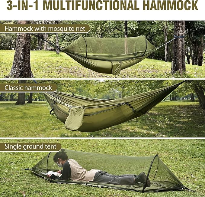 Camping Hammock with Mosquito Net Lightweight Portable Double &amp Single Hammock Tent with 2 Tree Straps Parachute Nylon Hammock for Outdoor Backpacking Beach Backyard Patio Hiking Arm Green