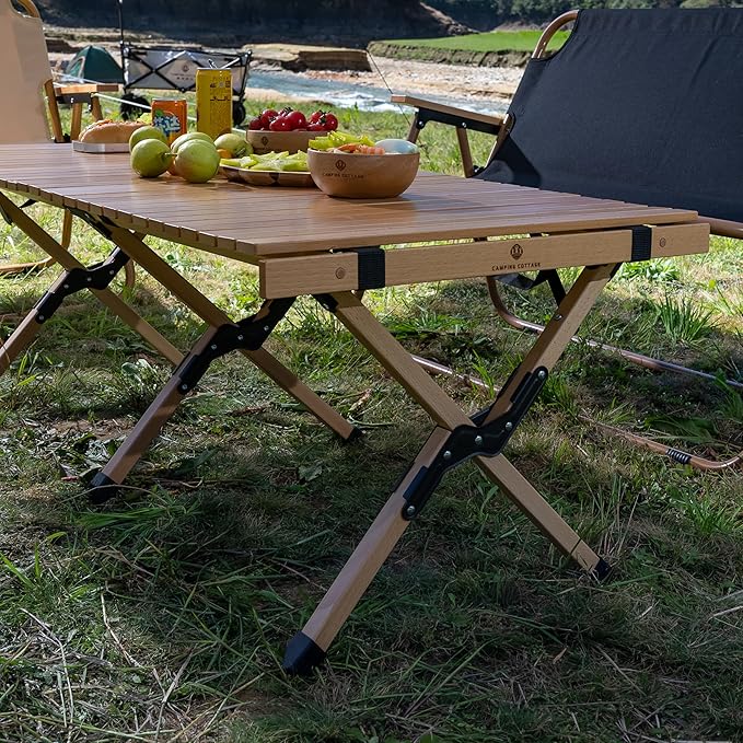 Folding Camping Table Beech Wood Portable Lightweight Roll-up Picnic Table with Carrying Bag for Outdoor Backyards BBQ Beach Party Patio(Natural Wood &amp Big)
