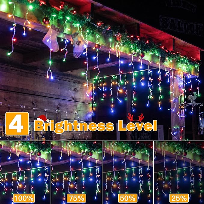 Ollny Icicle Lights for Outside 720LED 60FT Multicolor Christmas Lights with Remote 8 Modes Dimmable Waterproof Connectable Timer Hanging Light for House Outdoor Yard Indoor Decorations