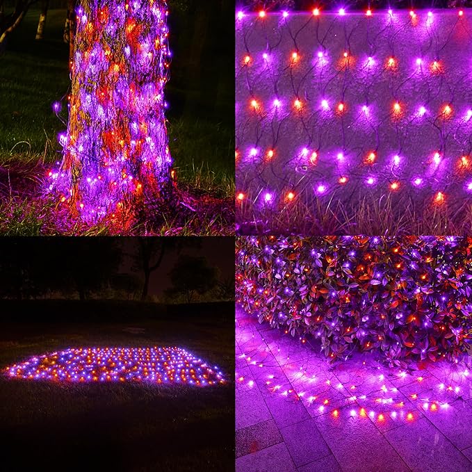 BlcTec Halloween Lights Outdoor 360 LED 9.8ft x 6.6 Orange Purple Halloween Mesh Lights with 8 Modes Timer Connectable Waterproof and Green Wire Design for Lawn Bushes Outdoor Holiday Decorations