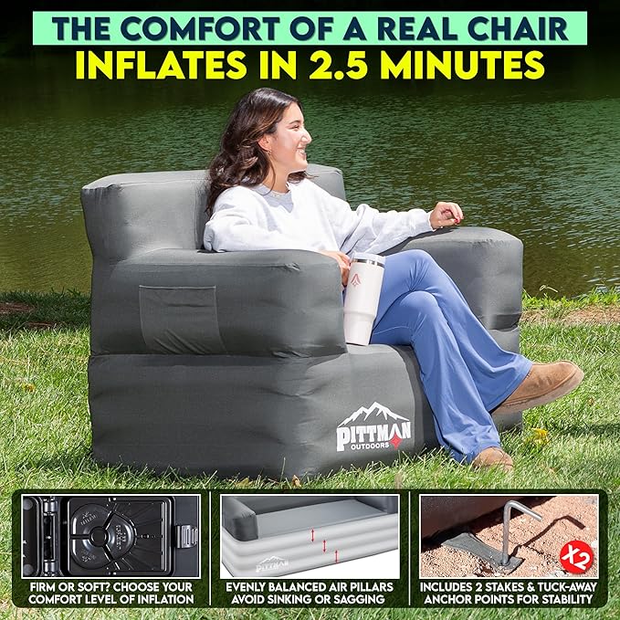 Pittman - Inflatable Chair for Camping with Built in Pump - Portable Inflatable Couch for Adults Holds 350lb's - Blow Up Chair for Movie Nights Outdoor Blow up Furniture or Air Sofa for Camping