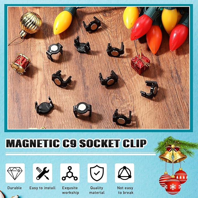 Frienda 100 Pieces C9 Magnetic Christmas Light Clips Magnet Christmas Socket Clips Hooks for Sockets Roof Gutters Outside Patio Holiday Lighting (Black Round)
