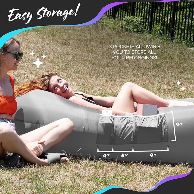 Nevlers Gray Inflatable Lounger | 210T Polyester Inflatable Chair | No-Pump Blow Up Couch | Air Sofa w/ 450lbs. Capacity Pockets &amp Matching Bag | Use as Beach Chair Inflatable Couch for Adults &a