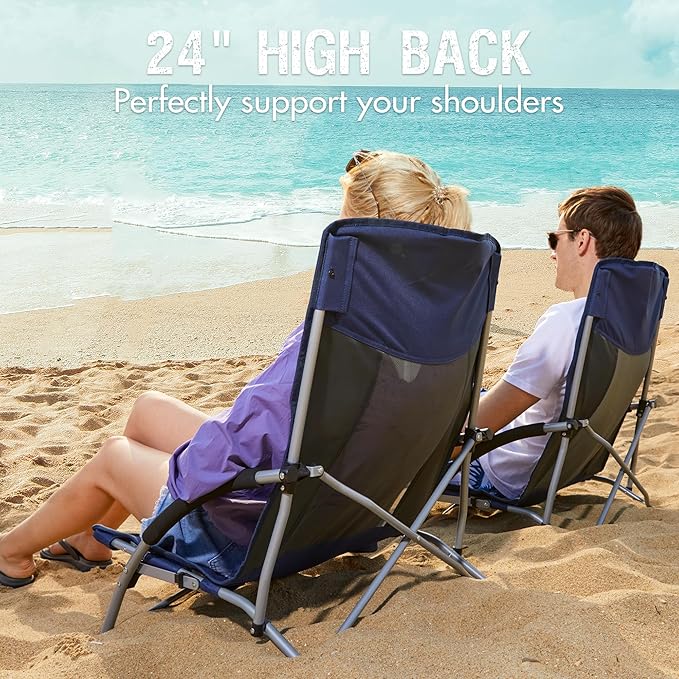 Portal Beach Chairs for Adults Camping Low Lightweight Portable Chair with Cup Holder Mesh Back Carry Bag for Outdoor Sand Lawn Travel Picnic Festival Concert