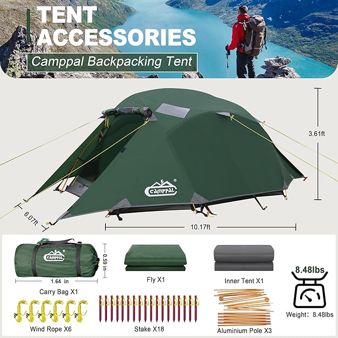 2-3 Person Backpacking Tent Double Doors 2 Vestibule 2 Skylight Two Person Tents Waterproof Windproof 2 Man Tent for Camping Hiking Motor Cycling Biking Fishing Mountaineering UPF 50+