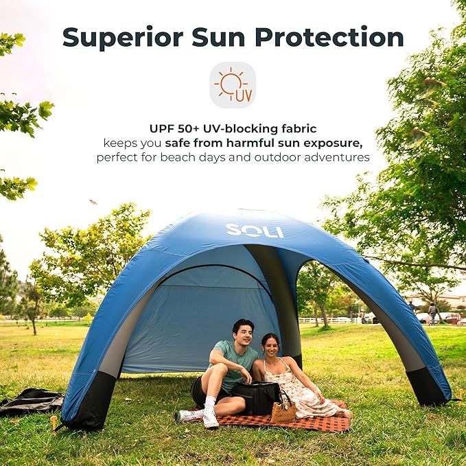 SOLI Inflatable Shade Air Canopy - Quick Self-Inflating Sun Shelter with Air Pump UPF 50+ Sun Protection Travel-Friendly Stable Anchors for Beach Camping &amp Backyard Use (Heat Wave Orange) - 10