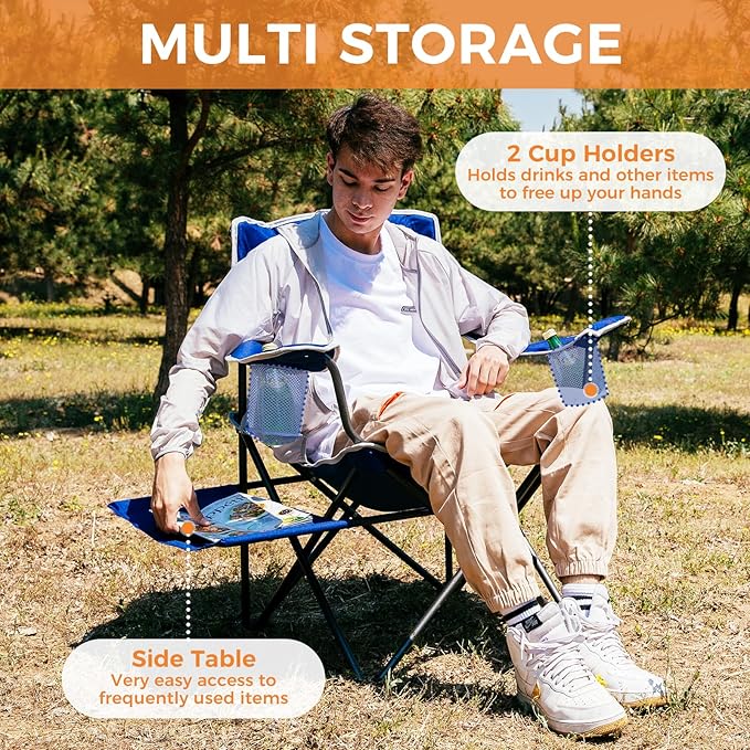 FUNDANGO Folding Padded Camping Chair Portable Outdoor Full Back Lawn Arm Chair with Side Table Cup Holder Side Pocket for Garden Picnic BBQ with Carry Bag Support 300LBS