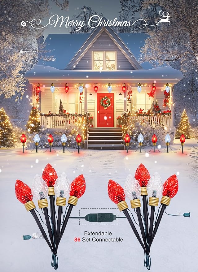 Moonflor Strawberry Jumbo C9 Christmas Pathway Lights Outdoor - 8.5FT 5 LED C9 Walkway Light Christma Decoration Outside Christmas Lights Outdoor for Lawn Holiday Yard Red &amp Pure White
