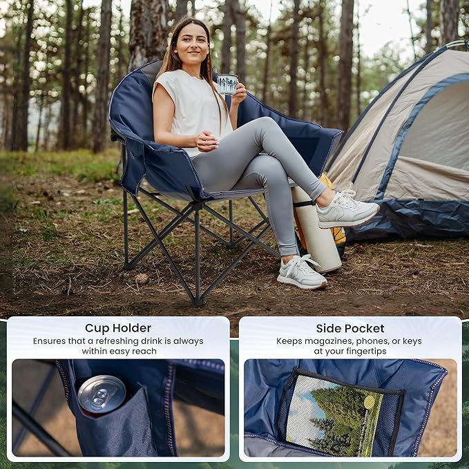 Oversized Camping Chair 500lbs Heavy Duty - Moon Saucer Folding Chair with Cup Holder Padded for Outdoor Lawn Sports Patio (Blue &amp Gray)