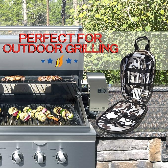 Wellmax 10-Piece Stainless Steel Camping Cooking Set – Compact All-in-One Cookware Kit with Utensils &amp Travel Bag for Campers Hikers Outdoor Adventures Grey Camo Color