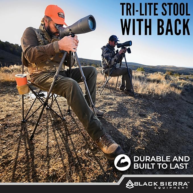 Black Sierra Tri-Lite Stool with Back Lightweight Folding Chair for in the Hunting Blind Camping and Fishing Steel Frame Supports 225 LBS