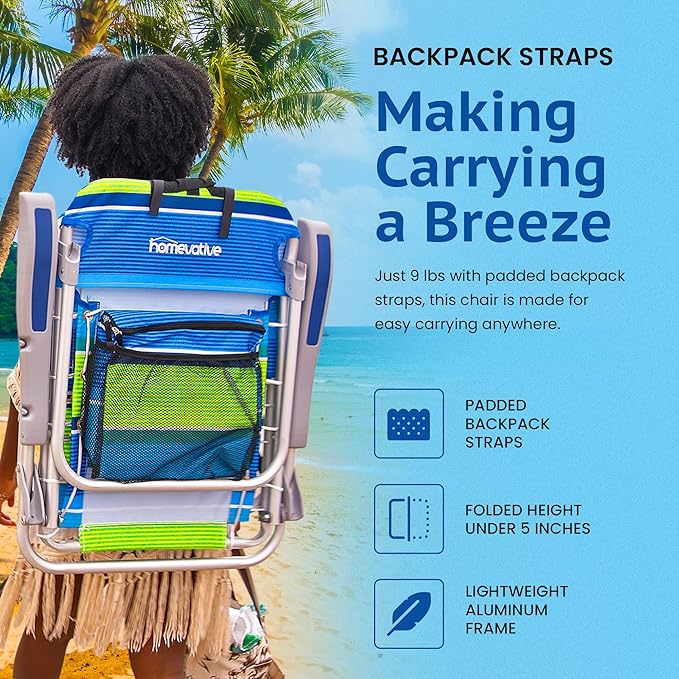 Homevative Backpack Fold-Up Beach Chair 5 Positions Towel bar Cooler Storage Pouch Cup Holder and Phone Pocket