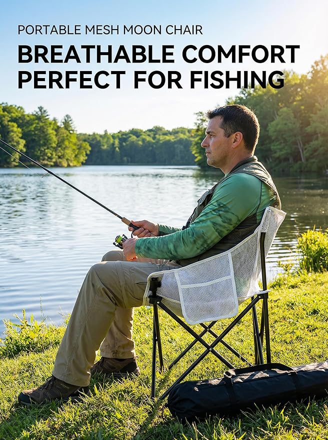 Breathable Outdoor Folding Chair Portable Ultra-Light Fishing Stool Beach Camping Moon Chair Armchair Art Sketch Chair (Mesh Surface White)