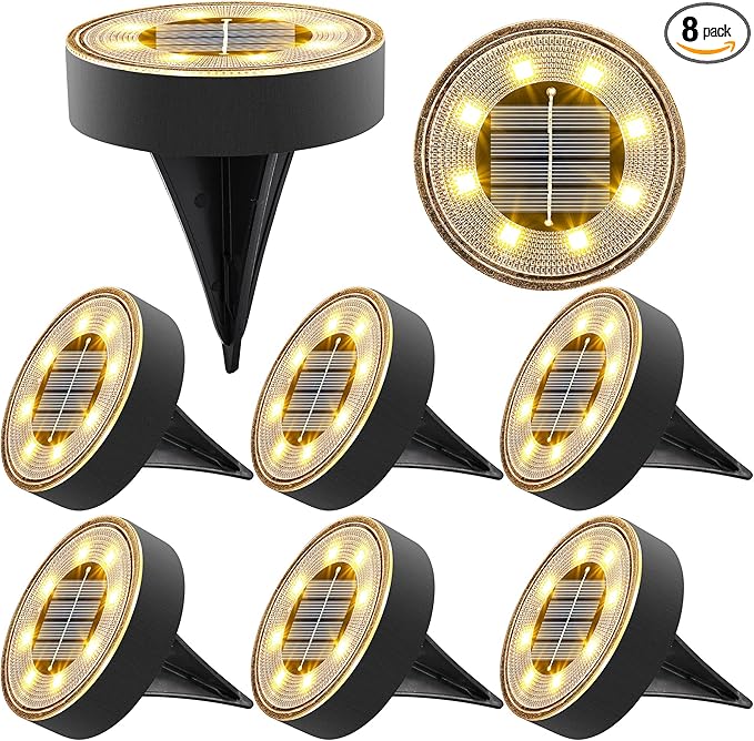 Joomer Solar Ground Lights 8 Pack 8 LED Solar Lights Outdoor IP68 Waterproof Solar Disc Lights In-Ground Landscape Lighting Outdoor Lights for Patio Pathway Lawn Yard Driveway Walkway (Warm White)